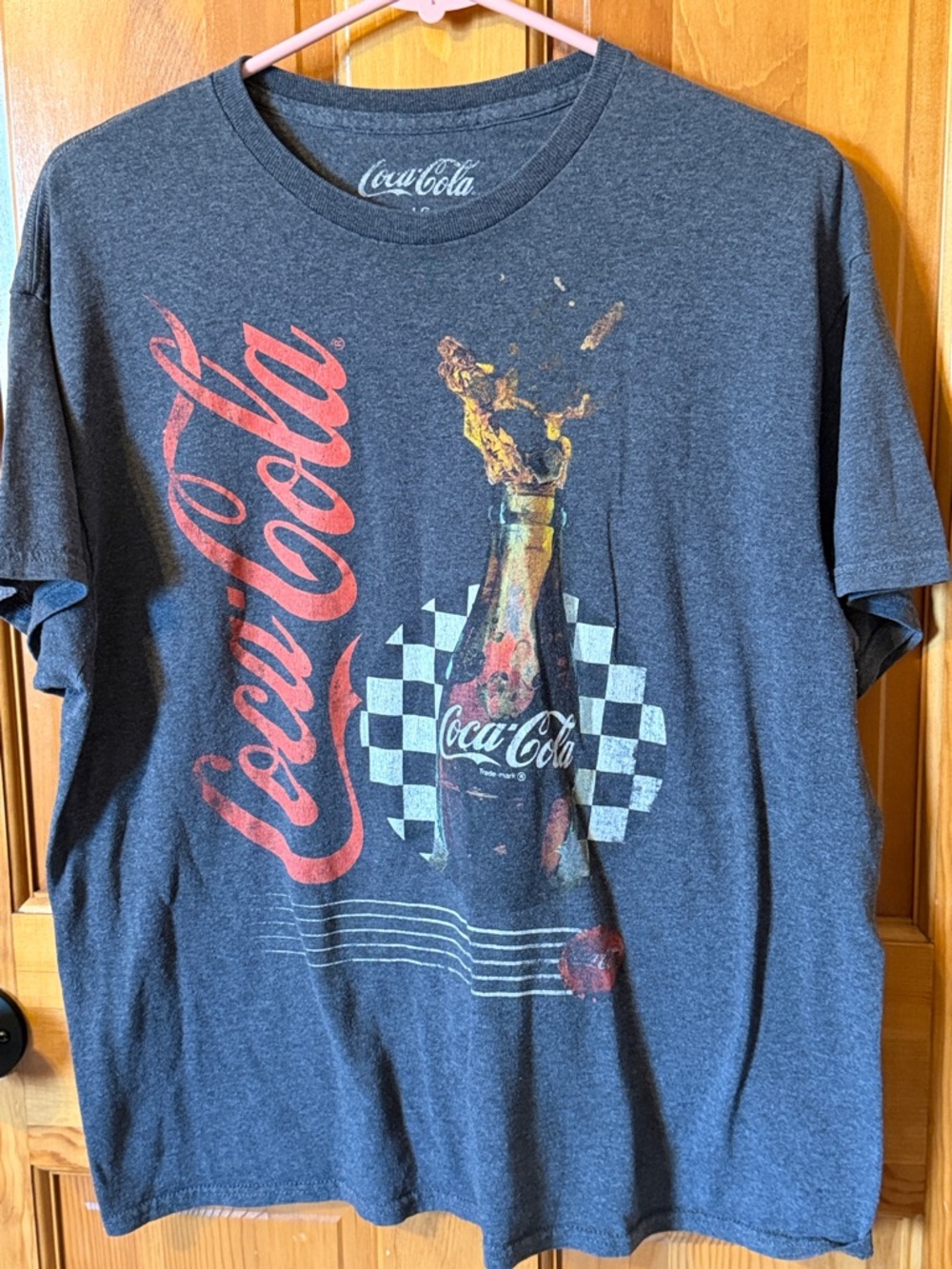 Vintage Coca-Cola Dark Gray Tee with Red Script and Multicolor Bottle